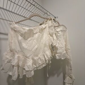 PrettyLittleThing Cream Lace Up Sheer Ruffle long sleeve Blouse/ mini Skirt Set